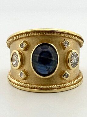 Handmade 18K Yellow Gold Sapphire Diamond Ring Wide Band Size 9 Estate 13g